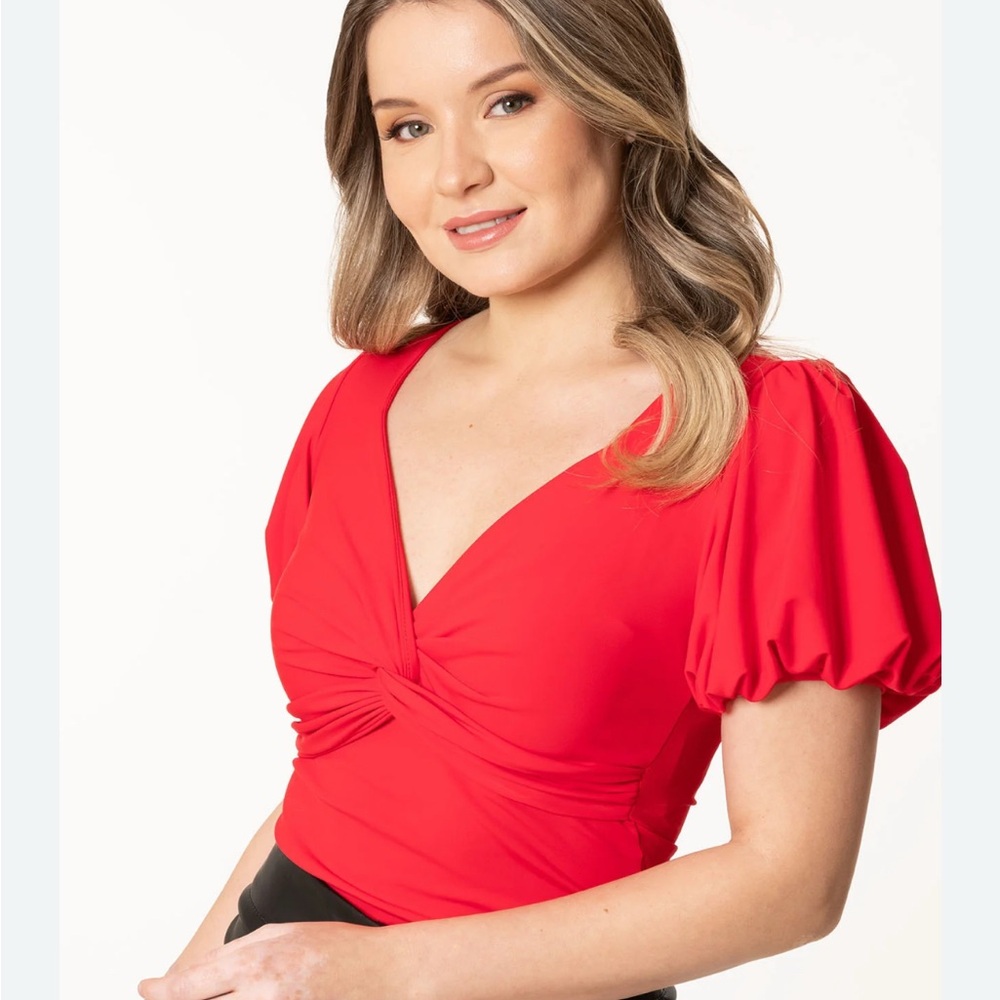Express Red Puff Sleeve V-Neck Blouse